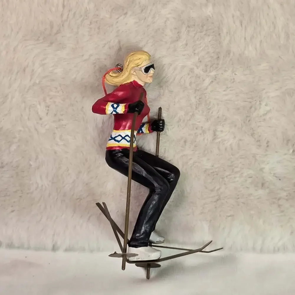 Vintage Female Skier Ornament Red Sweater & Black Pants – Metal Skis & Poles, 5